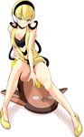  amasora_taichi bare_legs bare_shoulders blonde_hair blush bottomless breasts cable cleavage covering covering_crotch gen_5_pokemon green_eyes gym_leader headphones high_heels kamitsure_(pokemon) legs no_legwear open_mouth pokemon pokemon_(creature) pokemon_(game) pokemon_bw shoes short_hair sitting small_breasts stunfisk 