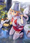  77gl alternate_color blonde_hair blue_eyes breasts bucket bucket_on_head cat chen chen_(cat) contemporary eyes feathers frog hair_ribbon hat hat_basket hat_removed headwear_removed highres kneeling looking_at_viewer medium_breasts moriya_suwako nyoro~n object_on_head open_mouth ribbon ripples sandals scarf short_hair solo thighhighs touhou white_legwear 