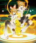  1girl aqua_eyes arm_warmers bad_id bad_pixiv_id bass_clef binary blonde_hair brother_and_sister detached_sleeves hair_ornament hair_ribbon hairclip headphones highres kagamine_len kagamine_len_(append) kagamine_rin kagamine_rin_(append) leg_warmers navel ribbon rico_(fbn3) short_hair shorts siblings treble_clef twins vocaloid vocaloid_append 