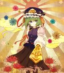  bad_id bad_pixiv_id blue_eyes cloud flower foreshortening from_below green_hair pantyhose rod_of_remorse shiki_eiki solo south_(monookibako) spider_lily sunburst touhou 