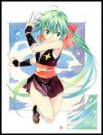  agahari ahoge aqua_hair arm_guards azumaya_koyuki bow clog_sandals green_eyes hair_bow japanese_clothes keroro_gunsou long_hair ninja obi ponytail sash scarf smile solo traditional_media very_long_hair watercolor_(medium) weapon 