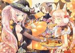  a-gatha alternate_hairstyle animal_ears bad_id bad_pixiv_id blue_eyes brown_hair cape elbow_gloves facing_away food gloves hair_up halloween hat kaai_yuki long_hair looking_away megurine_luka meiko multiple_girls nekomura_iroha pie pink_hair ponytail profile pumpkin short_hair smile vocaloid witch_hat yellow_eyes 