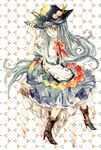  adjusting_clothes adjusting_hat blue_hair boots dress hat high_heels hinanawi_tenshi long_hair red_eyes ribbon shoes smile solo touhou uram 