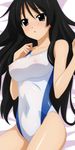  akiyama_mio black_eyes black_hair breasts competition_swimsuit covered_nipples cowboy_shot dakimakura highres k-on! large_breasts long_hair lying one-piece_swimsuit solo sugimura_tomokazu swimsuit 