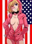  america_(hetalia) axis_powers_hetalia az0212 bad_id bad_pixiv_id blonde_hair blue_eyes breasts cleavage genderswap genderswap_(mtf) hood hoodie medium_breasts no_bra one_eye_closed panties solo striped striped_panties underwear 