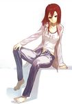  barefoot casual denim feet hand_on_own_knee jeans long_hair open_fly original panties pants red_eyes red_hair shirabi sidelocks sitting smile solo striped striped_panties tank_top unbuttoned underwear unzipped 