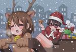  =_= animal_costume antlers bell bell_collar binder_clip brown_eyes brown_hair christmas closed_eyes collar cosplay crossed_legs gift glasses hirasawa_yui k-on! landolt_tamaki manabe_nodoka multiple_girls red-framed_eyewear reindeer reindeer_costume sack santa_costume semi-rimless_eyewear short_hair sitting sleigh snow under-rim_eyewear 