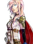  1girl blue_eyes cape final_fantasy final_fantasy_xiii haraheri lightning_farron lips long_hair pauldrons pink_hair red_cape simple_background 