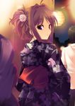  antenna_hair bad_id bad_pixiv_id brown_hair festival flower hair_flower hair_ornament japanese_clothes kimono looking_up open_mouth original ponytail purple_eyes solo yukata yuuki_rumina 