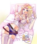  arm_up bed belt blonde_hair book breasts bridal_gauntlets cain_highwind cecil_harvey chiru_sakura female final_fantasy final_fantasy_iv gradient gradient_background green_eyes long_hair lying midriff navel panties pillow purple_panties rosa_farrell solo thighhighs tiara underwear white_legwear white_thighhighs 