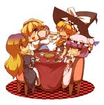  &gt;_&lt; alice_margatroid blonde_hair blue_eyes chair checkered chibi closed_eyes cup drinking eating food gradient_hair hat hijiri_byakuren kirisame_marisa kuromiya multicolored_hair multiple_girls mushroom patchouli_knowledge purple_eyes purple_hair table touhou two-tone_hair witch_hat yellow_eyes 