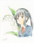  black_hair eunos flower k-on! nakano_azusa neck_ribbon red_ribbon ribbon school_uniform solo traditional_media twintails watercolor_(medium) 