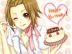  ;q bad_id bad_pixiv_id bow breasts brown_eyes brown_hair cake cleavage food fork hairband happy_birthday heart k-on! mine_rakkyo one_eye_closed open_clothes open_shirt shirt small_breasts solo tainaka_ritsu tongue tongue_out 
