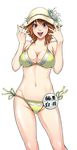  bikini breasts brown_eyes brown_hair cleavage hanamura hat large_breasts navel original short_hair side-tie_bikini solo swimsuit 