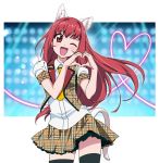 1girl ;d animal_ears blush brown_eyes cat_ears cat_tail cowboy_shot eyebrows_visible_through_hair head_tilt heart heart_hands idol_clothes long_hair looking_at_viewer necktie one_eye_closed open_mouth original red_hair smile solo tail tonbi 