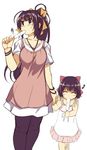  age_difference brown_eyes brown_hair child closed_eyes copyright_request food happy holding_hands long_hair mother_and_daughter multiple_girls musical_note pantyhose ponytail popsicle short_hair xration 