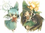  2girls black_hair blue_hair cape chibi cirno dress fire hair_ribbon masirosu multiple_girls reiuji_utsuho ribbon skirt touhou wings 