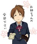  brown_eyes brown_hair closed_eyes hirasawa_ui iefukurou k-on! money ponytail school_uniform short_hair solo translated wallet 