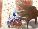  alice_margatroid apron back-to-back blonde_hair boots capelet closed_eyes english grand_piano hairband highres instrument izayoi_sakuya maid maid_headdress multiple_girls piano shanghai_doll short_hair silver_hair sitting touhou 