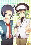  2boys ahoge black_hair blue_eyes blush bracelet cheren_(pokemon) frown glasses green_eyes green_hair hand_in_pocket hat jewelry multiple_boys n_(pokemon) necklace open_mouth pokemon pokemon_(game) pokemon_black_and_white pokemon_bw ponytail smile void_cube wink 