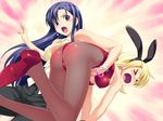  &gt;_&lt; 2girls animal_ears ass blonde_hair blue_hair blush bunny_ears bunny_girl bunnygirl bunnysuit earrings eyes_closed game_cg highres jewelry katakage_fuurin koutaro long_hair multiple_girls pantyhose purple_eyes purple_hair saotome_nagi spanked tropical_kiss 