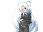  animal_ears blush collar foxgirl kazami_karasu red_eyes tail white white_hair 