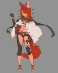  1girl animal_ears belt black_panties cape closed_mouth contrapposto criss-cross_halter fox_ears fox_tail full_body green_scarf grey_background hair_over_one_eye halterneck hand_up highres knee_pads looking_at_viewer nagisa_kurousagi navel one_eye_covered original panties red_hair sandals scarf simple_background solo standing tail underwear white_cape 