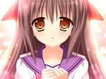  benzaiten_enishi blush brown_eyes brown_hair close game_cg nanairo_kouro sasorigatame 