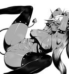  areolae armpit_hair breasts breasts_apart censored demon_girl glasses greyscale highres horn kneesocks_(psg) large_breasts matsuri_(araiyuutoo) monochrome navel_piercing nipples panty_&amp;_stocking_with_garterbelt piercing plump pubic_hair puffy_nipples pussy sagging_breasts smell solo spread_legs tail tan tanline thighhighs 