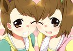  bad_id bad_pixiv_id brown_eyes brown_hair cheek-to-cheek futami_ami futami_mami grin idolmaster idolmaster_(classic) idolmaster_2 jinichu long_hair multiple_girls one_eye_closed short_hair siblings side_ponytail sisters smile twins 