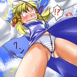  1girl blonde_hair blush cameltoe crotch day face foreshortening moriya's_iron_rings moriya_suwako panties pantyshot short_hair sky solo tom_(remisaku) touhou underwear wedgie 