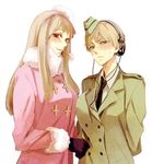  27 2girls axis_powers_hetalia blonde_hair blush cap coat genderswap germany_(hetalia) glove gloves green_eyes hat long_hair multiple_girls necktie red_eyes russia_(hetalia) smile tear tears teasing uniform winter 