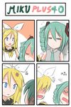  4koma alternate_hairstyle blonde_hair bug catstudioinc_(punepuni) cockroach comic green_hair hatsune_miku highres insect kagamine_rin multiple_girls peter_(miku_plus) thai translated vocaloid 