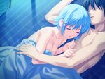  1girl bed black_hair blue_hair bra breasts cleavage closed_eyes faceless faceless_male game_cg hetero highres himuro_rikka koutaro medium_breasts short_hair sleeping tropical_kiss underwear 