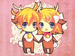  animal_costume antlers bell blonde_hair blue_eyes bow chibi christmas fur hair_clip hair_ornament hairclip kagamine_len kagamine_rin reindeer reindeer_costume vocaloid 