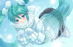 1girl artist_request blue_eyes female gloves green_hair hatsune_miku long_hair mittens scarf snow sweater twintails vocaloid winter 