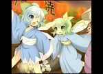  blue_eyes blue_hair camera cirno daiyousei fang green_eyes green_hair hat japanese_clothes kimono kumatoshi moriya_suwako multiple_girls paparazzi shameimaru_aya tokin_hat touhou wings yukata 