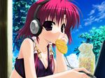  amatsumisorani cleavage food game_cg headphones hitotsubashi_kanna purple_eyes shintaro short_hair 
