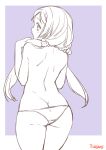  1girl artist_name ass back butt_crack cowboy_shot from_behind hair_ornament hair_scrunchie hands_up holding holding_hair long_hair love_live! love_live!_school_idol_project monochrome panties purple_background scrunchie solo sumeragi_kohaku topless toujou_nozomi twintails underwear underwear_only 