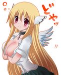  angel_wings astraea blonde_hair blush breast_hold breasts chain collar head_wings large_breasts long_hair no_bra open_clothes red_eyes shirt skirt smile solo sora_no_otoshimono white_shirt wings 