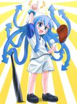  baseball baseball_bat baseball_mitt baseball_uniform blue_eyes blue_hair clothes_writing hat ikamusume long_hair no_socks prehensile_hair shimusu shinryaku!_ikamusume solo sportswear tentacle_hair 