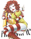  boots breasts clown dress drink english food french_fries genderswap gloves large_breasts lying make-up makeup mcdonald&#039;s mcdonald's mcdonalds panties red_eyes red_hair ronald_mcdonald short_hair solo thighhighs underwear wavy_hair 
