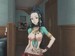  1girl 999 black_eyes black_hair braid breasts door female hand_on_hip hips jewelry long_hair lotus_(999) necklace nipples photoshop pixel_art ponytail ring smile solo watch 