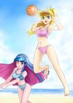 bad_id bad_pixiv_id barefoot beach beach_volleyball blonde_hair blue_eyes blue_hair day jumping long_hair multicolored_hair multiple_girls panty_&amp;_stocking_with_garterbelt panty_(psg) ponytail sports_bikini stocking_(psg) tomw two-tone_hair visor_cap volleyball 