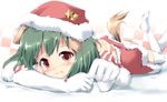  animal_ears blush christmas dog_ears dog_tail elbow_gloves foreshortening gloves green_hair hat lying macross macross_frontier naka on_stomach open_mouth ranka_lee red_eyes santa_costume santa_hat short_hair smile solo tail thighhighs white_gloves white_legwear 