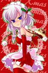  bad_id bad_pixiv_id blue_eyes braid christmas gloves highres izayoi_sakuya maid maid_headdress merue red_gloves short_hair silver_hair solo thighhighs touhou twin_braids 