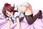  all_fours ass bad_id bad_pixiv_id black_legwear blush brown_hair hat impossible_clothes impossible_underwear looking_at_viewer nakaya no_pants open_mouth panties red_eyes shameimaru_aya short_hair shorts solo thighhighs tokin_hat touhou underwear 