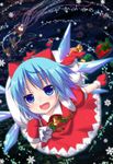  adapted_costume alternate_color bad_id bad_pixiv_id bell blue_eyes blue_hair blush bow box christmas cirno dress fang gift gift_box hair_bow highres ice ice_wings looking_at_viewer mittens red_bow red_dress reindeer sack short_hair sleigh snowflakes solo touhou wings yano_mitsuki 
