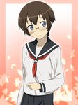  blue_eyes blush brown_hair glasses ikari_manatsu ore_no_imouto_ga_konna_ni_kawaii_wake_ga_nai school_uniform serafuku short_hair solo tamura_manami 