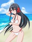  april_(coyote_ragtime_show) bad_id bad_pixiv_id beach bikini black_hair breasts cleavage coyote_ragtime_show day hairband jinramu long_hair navel red_eyes side-tie_bikini small_breasts solo swimsuit 